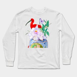 Red ibis and chinoiserie jar Long Sleeve T-Shirt